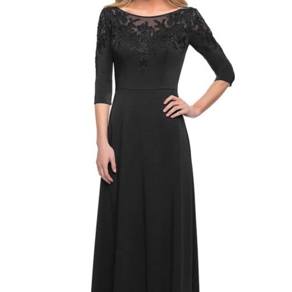 La Femme Black Embroidered Sparkle Illusion Neck Gown